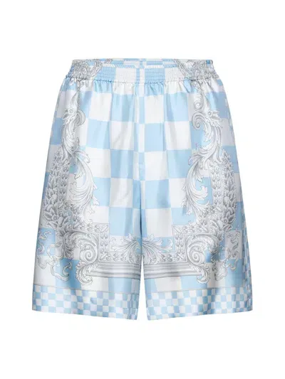 Versace Barocco Check-printed Knee-length Shorts In Pastel Blue+white+silver