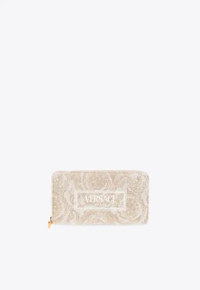 Versace Embroidered-logo Jacquard Wallet In Cream