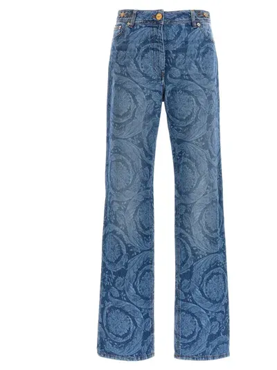 Versace Baroque-print Stone-washed Straight Jeans In Blue