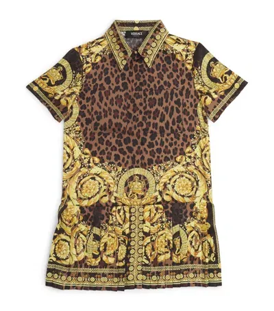 Versace Kids' Barocco Leopard Shirt Dress In Brown