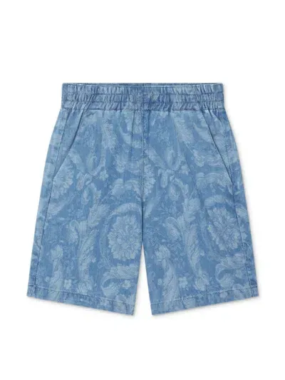 Versace Kids' Barocco-print Denim Shorts In Blue