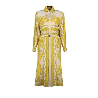 Versace Barocco-printed Long-sleeved Midi Dress In Golden