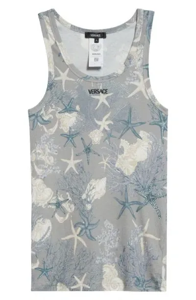 Versace Barocco Sea Ribbed Tank Top In Cocrete Dusty Blue Bone