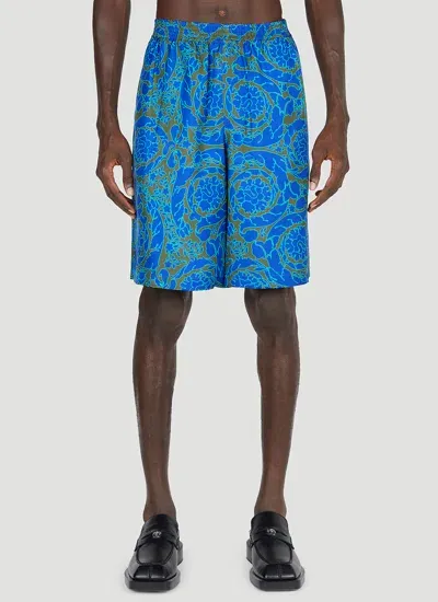 Versace Baroque Silk Shorts In Blue