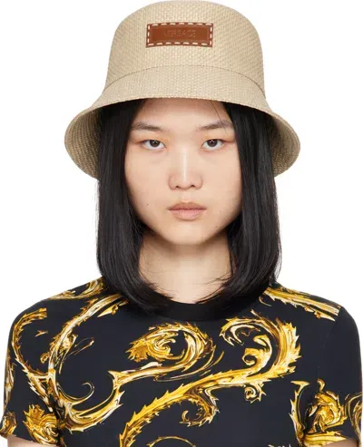 Versace Beige Logo Raffia Bucket Hat In 2kl50 Linen Tabacco