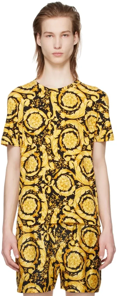 Versace Black & Yellow Barocco T-shirt In 5b010-black+print