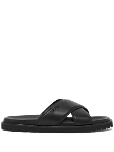 Versace Black Crossover Leather Slides