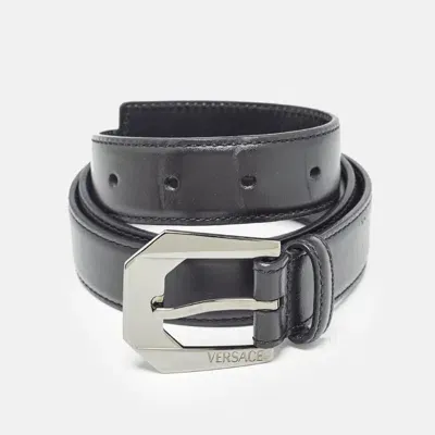 Pre-owned Versace Black Leather Buckle Belt 95 Cm