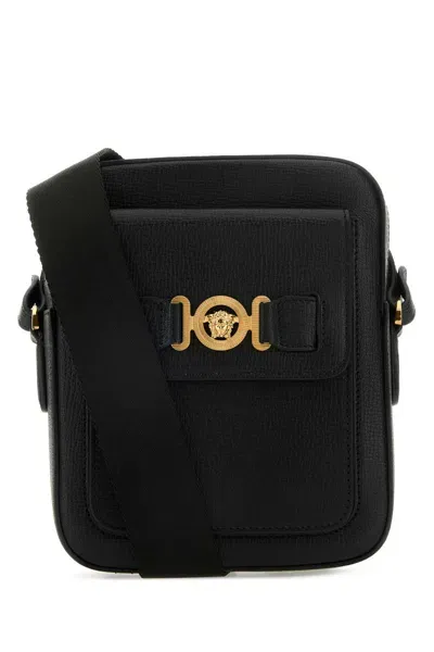 Versace Black Leather Medusa Biggie Crossbody Bag In Blackgold