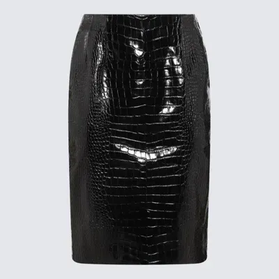 Versace Black Leather Midi Skirt In 黑色