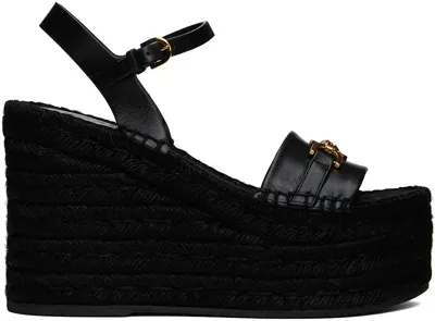 Versace Embellished Leather Espadrille Wedge Sandals In Black