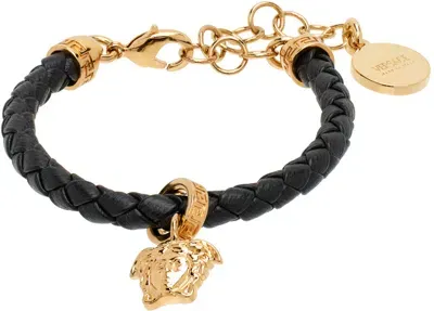 Versace Medusa-head Braided Leather Bracelet In Black