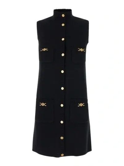 Versace Black Mini Sleeveless Dress With Medusa Detail In Knit