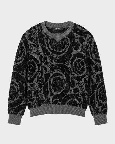 Versace Kids' Boy's Barocco-print Knitted Sweater In Melange Gray/black