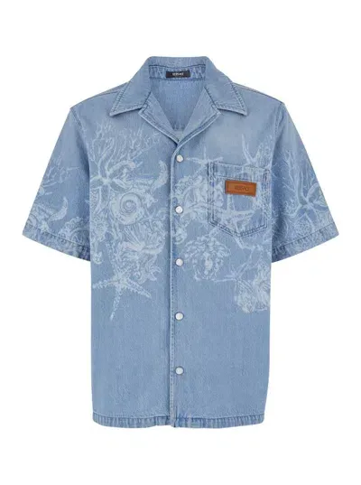 Versace Camicia Mc In Denim Barocco De La Mer In Blue