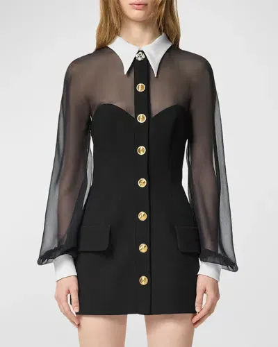 Versace Contrast-collar Double Wool Crepe Mini Shirtdress In Black