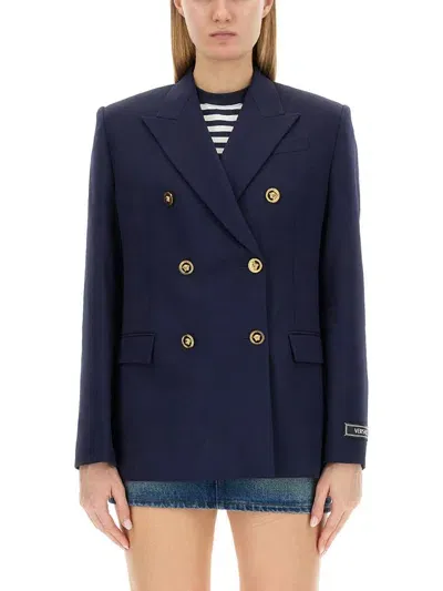 Versace Double-breasted Blazer In Blue