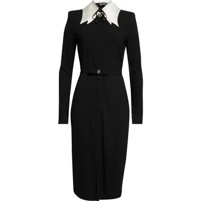 Versace Double Collar Belted Long Sleeve Shirtdress In Black