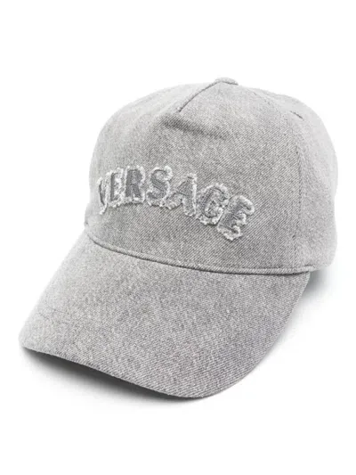 Versace Embroidered-logo Cap In Grey