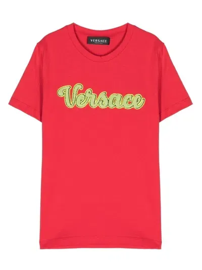 Versace Kids' Flocked-logo Cotton T-shirt In Red