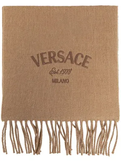 Versace Men's Wool Embroidered Logo Scarf In Beige