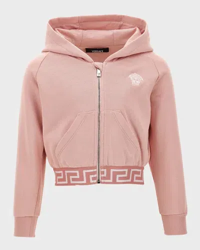 Versace Kids' Girl's Greca Trim Hoodie In Dusty Rose/white