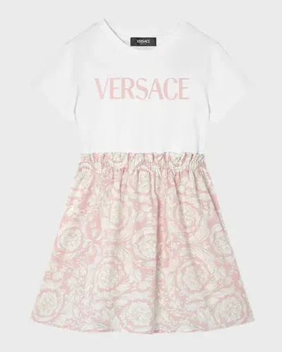 Versace Kids' Barocco-print Panelled Dress In White/pink