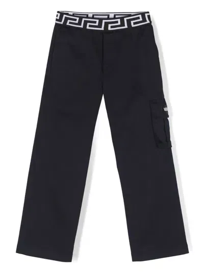 Versace Kids' Greca-waistband Cargo Trousers In Dark Blue