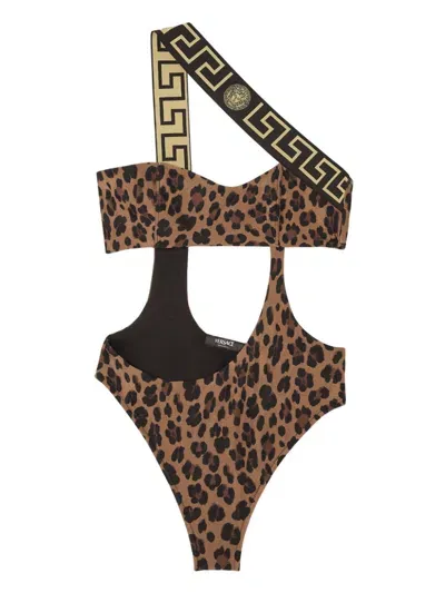 Versace Greca-trim Leopard Print Swimsuit In Brown