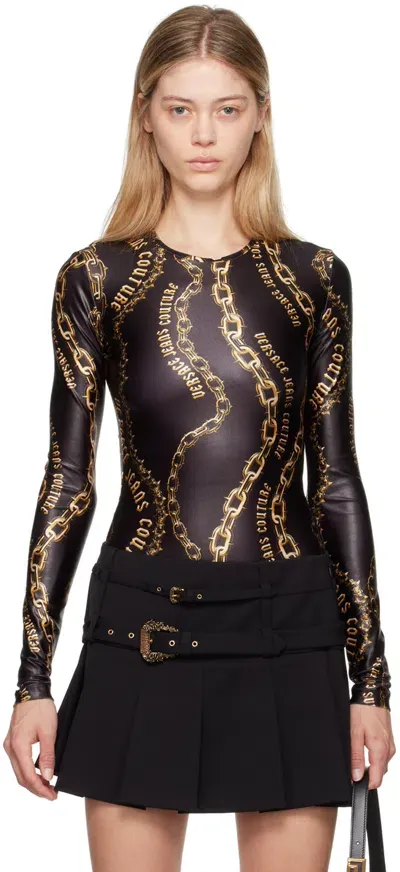 Versace Jeans Couture Black & Gold Chain Couture Bodysuit In Eg89 Black/gold