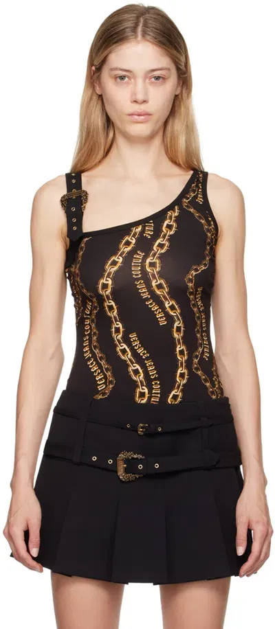 Versace Jeans Couture Asymmetric Strap Buckle Logo Chain Print Top In 黑色