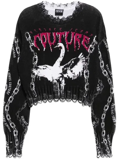 Versace Jeans Couture Chain Swan Patterned Jacquard Jumper In Black