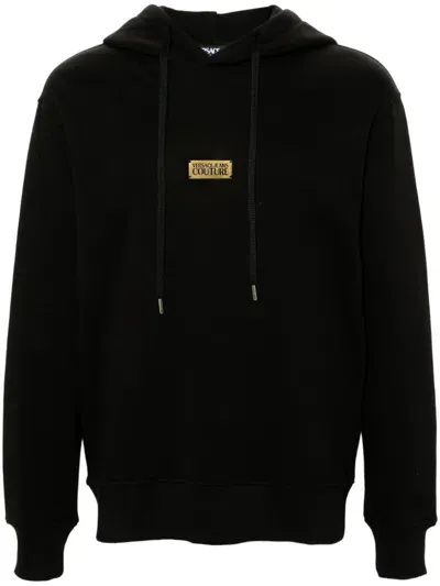 Versace Jeans Couture Cotton Hooded Sweatshirt With Logo Plaque In Black