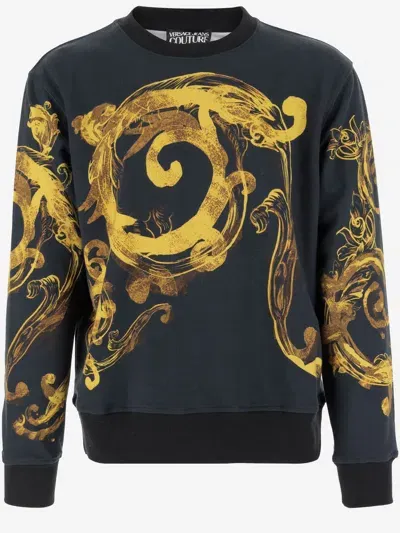 Versace Jeans Couture Cotton Sweatshirt With Baroque Print In Black