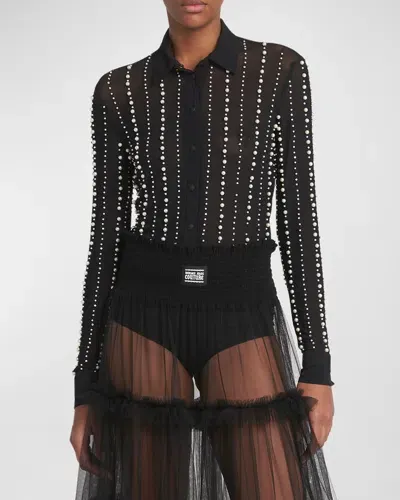 Versace Jeans Couture Embellished Long-sleeve Shirt In Black