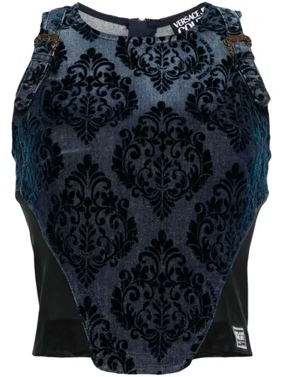 Versace Jeans Couture Flocked-detail Denim Top In Blue