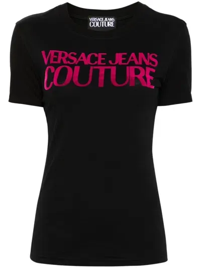 Versace Jeans Couture Logo-flocked Cotton T-shirt In Black