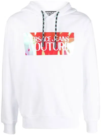 Versace Jeans Couture Cotton Fleece Logo Print Hoodie In White