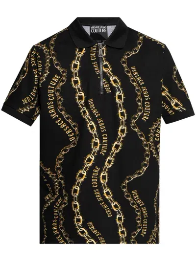 Versace Jeans Couture Short Sleeve Polo Shirt With Print In Black