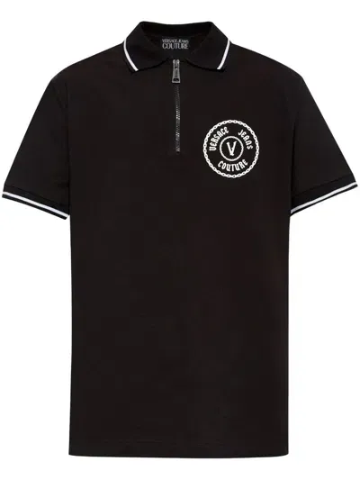 Versace Jeans Couture V-emblem Piqué Polo Shirt In Black