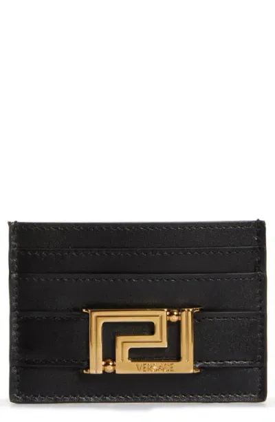 Versace La Greca Leather Card Case In Black/ Gold