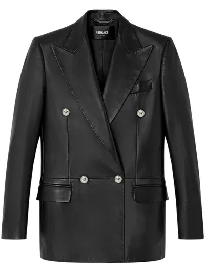 Versace Leather Blazer In Black