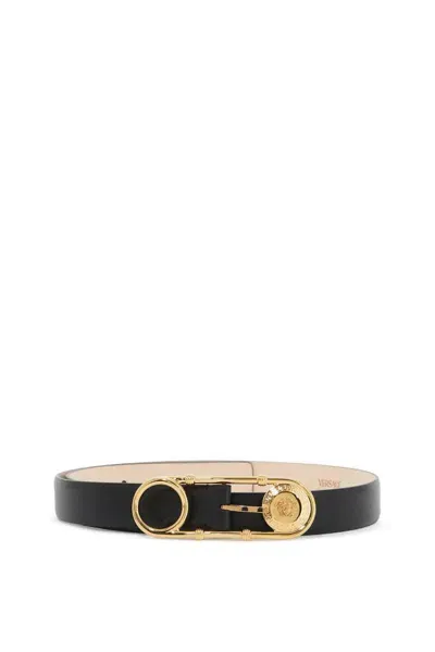 Versace Leather Safety Pin Belt In Black