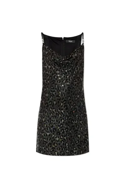 Versace Leopard Printed Embellished Mini Dress In Multi