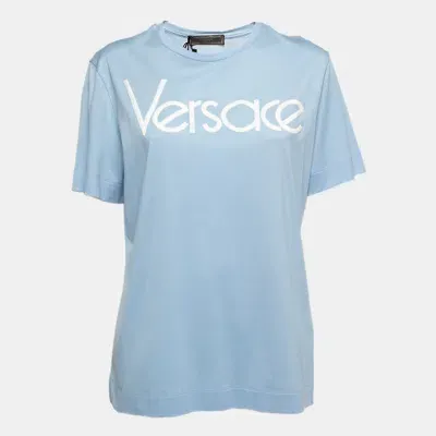 Pre-owned Versace Light Blue Cotton Logo Embroidered Tribute T-shirt M