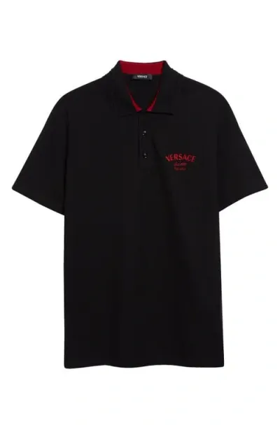 Versace Men's Greca-collar Pique Polo Shirt In Black