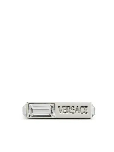 Versace Logo-engraved Crystal-embellished Ring In Silver