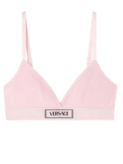 Versace Logo-patch Cotton-blend Bra In Pink