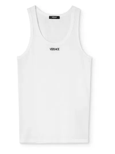 Versace Logo Ribbed Cotton Tank Top In White