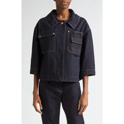 Versace Medusa Buckle Patch Pocket Denim Shirt In Dark Blue